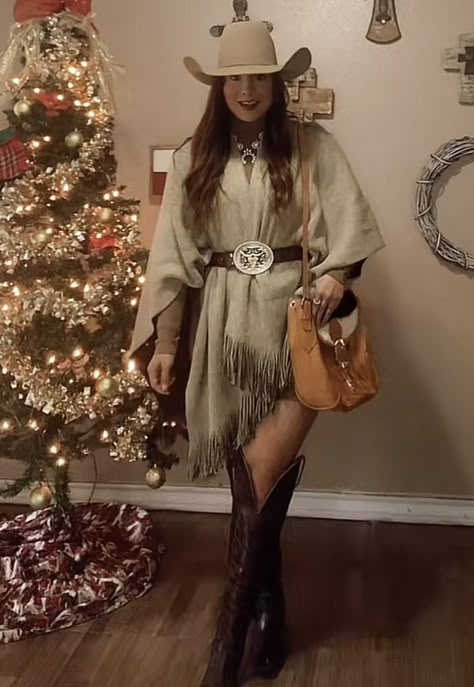 Western Style Outfits Winter, Sweater Dress Cowboy Boots, Cowboy Christmas Outfits For Women, Christmas Cowgirl Outfit, Knee High Western Boots Outfit, Christmas Western Outfit, Western Christmas Party Outfit, Cowboy Christmas Outfit, Cowgirl Christmas Outfit