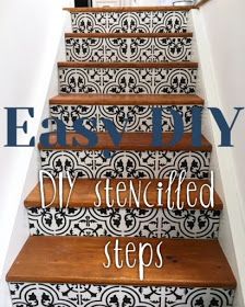 White Wood : Easy DIY stencilled cement steps...get this bold trendy look for very little Stenciled Stairs, Cement Steps, Stair Riser Vinyl, Basement Steps, Stencil Concrete, Stairs Renovation, Tile Steps, Stairs Makeover, Stair Riser