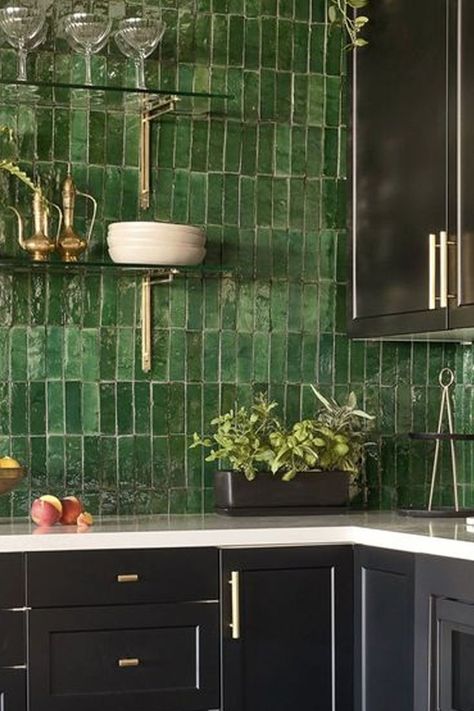 green tile backsplash Green Hexagon Tile Kitchen, Green Tile Backsplash Black Countertop, Green European Kitchen, Emerald Green Subway Tile Kitchen, Green Black Kitchen Aesthetic, Mineral Green Aesthetic, Green Tiled Kitchen Backsplash, Forest Green Backsplash Kitchen, Dark Green Tile Kitchen Backsplash