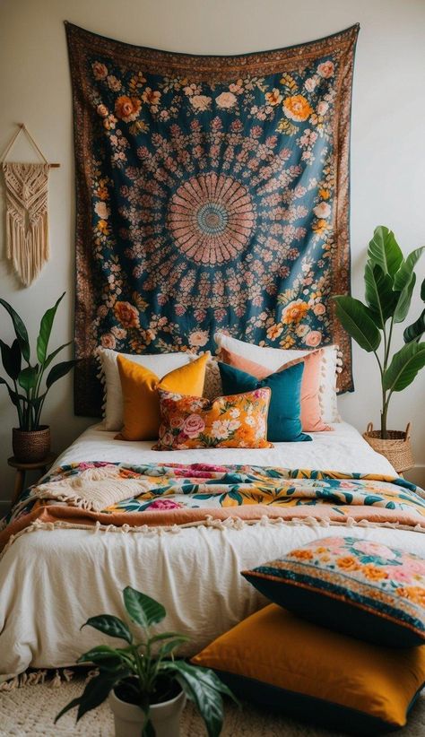 20 Unique Boho Bedroom Decor Ideas You Must Try Hippie Bedroom Aesthetic, Colorful Boho Bedroom, Boho Bedroom Decor Ideas, Earthy Vibes, Hippie Bedroom, Eclectic Aesthetic, Interior Design Themes, Embroidered Pillow Covers, Boho Eclectic