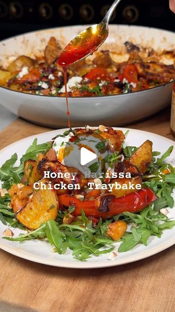 Georgia May on Instagram: "Honey Harissa Chicken Traybake 

This is the perfect midweek supper, amazing for meal prep and just tastes utterly delicious. It’s one of those meals that you can just bung into the oven and let it work its Magic…. Just make sure you set a timer 

Serves 4 
474 kcals
32g protein 
18g fat

Ingredient 
- 1 large red pepper 
- 2 red onions 
- 3 garlic cloves 
- 200g new potatoes 
- 1 jar chickpeas @belazu_co 
- 600g chicken thighs 

Marinade 
- 2 tbsp harissa paste @belazu_co 
- 1 tsp smoked paprika 
- 1 tsp cumin 
- 1.5 tbsp honey 
- 1/2 lemon 
- Salt and pepper 
- Good glug olive oil 

Garnish 
- feta 
- Parsley
- Toasted almonds 
- Greek yoghurt 

Method 
Chop the onion into chunks, cut the potatoes into quarters, slice the red pepper, bash the garlic cloves. 

M Chicken Thighs Marinade, Honey Harissa Chicken, Chicken Traybake, Chicken Thigh Marinade, Harissa Chicken, Harissa Paste, New Potatoes, Georgia May, Lemon Salt