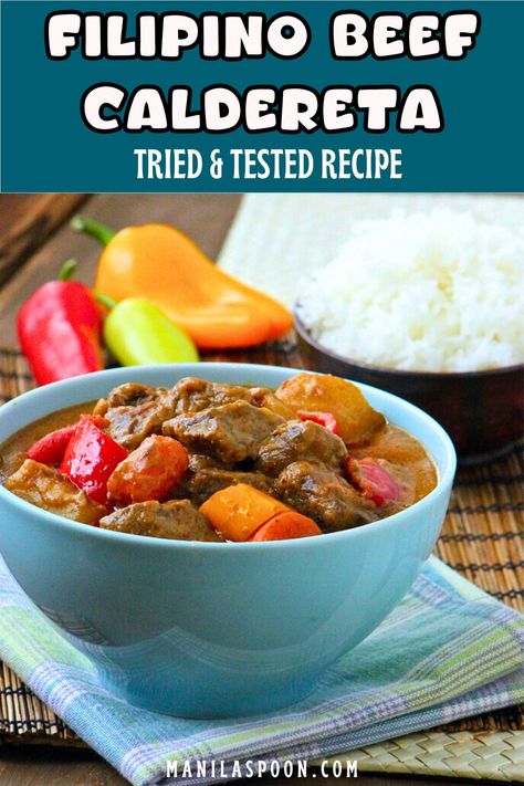 Beef Caldereta (Kaldereta sa Gata) - Beef Chunks Stewed in Coconut Milk - Manila Spoon Caldereta Recipe Filipino Food, Kaldereta Recipe, Caldereta Recipe, Beef Caldereta, Beef Chunks, Tasty Beef Stew, Easy Filipino Recipes, Tropical Desserts, Coconut Milk Soup