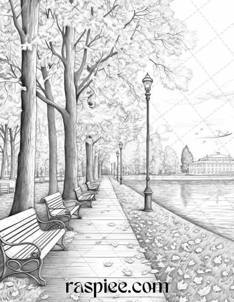 Grayscale Autumn Scenery Coloring Pages for Adults  Relax and relieve stress with these beautiful grayscale autumn scenery coloring pages. Perfect for adults of all skill levels, these printable PDF files are instantly  #BrickWallDrawing #GrayscaleArt #WoodBurningPatternsStencil #LandscapePencilDrawings Scenery Coloring Pages, Brick Wall Drawing, Grayscale Art, Wood Burning Patterns Stencil, Landscape Pencil Drawings, Coloring Pages For Grown Ups, Zen Colors, Street Trees, Grayscale Coloring Pages