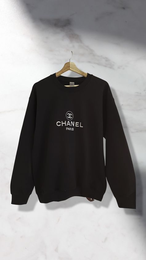 Black and White custom embroidered Chanel Crewneck Sweater Chanel Crewneck, Embroidered Crewneck, Chanel Paris, Crewneck Sweater, Crew Neck Sweater, Chanel, Street Wear, Crew Neck, Black And White