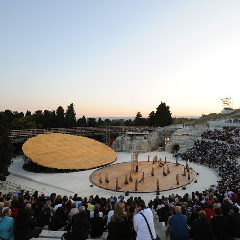 Stage set at the Greek Theatre in Syracuse by OMA Outdoor Stage Architecture, Stage Architecture, Oma Architecture, Elevated Walkway, Outdoor Theatre, Theatre Architecture, Ancient Greek Theatre, Greek Theatre, Theater Architecture