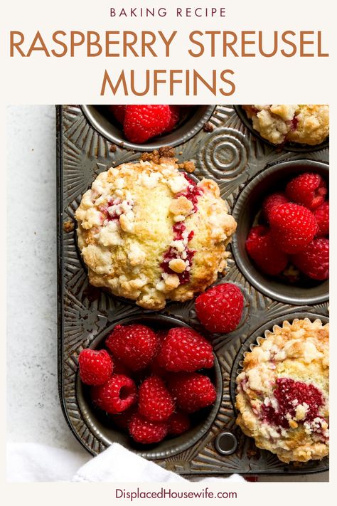 The yummiest one-bowl (ish) Easy Raspberry Muffins start with a moist sour cream muffin batter that is loaded with lemon and bursting with fresh raspberries (frozen raspberries can be used too!). Each muffin is topped with buttery, crispy streusel topping (perfection). Lots of tips on getting a nice, tall muffin top as well as an optional overnight batter rest so you can have fresh-baked muffins in the morning! Lemon Raspberry Streusel Muffins, Raspberry Muffin Recipe, Raspberry Peach Muffins, Sour Cream Raspberry Muffins, Raspberry Crumble Muffins, Muffin Recipes Strawberry, Berry Muffins With Fresh Berries, Frozen Raspberry Recipes, Gluten Free Raspberry Muffins