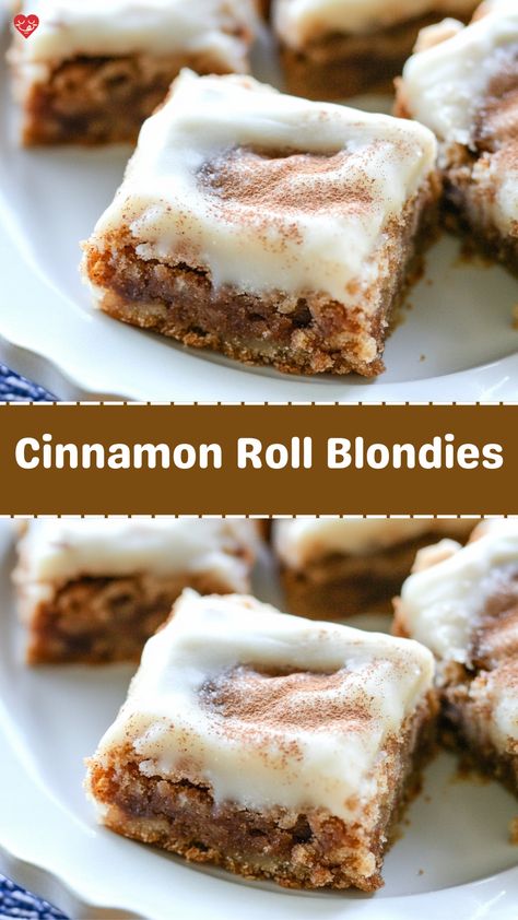 Cinnamon Roll Blondies combine the best of two beloved treats—rich, buttery blondies and the warm, spiced flavors of a cinnamon roll. These blondies are soft, chewy, and packed with a cinnamon swirl that brings a burst of flavor in every bite. Topped with a creamy, tangy cream cheese frosting, these blondies are perfect for any occasion, from casual get-togethers to holiday baking. The best p... Cinnamon Roll Blondies Recipe, Cream Cheese Blondies, Cinnamon Roll Blondies, Cinnamon Blondies, Peanut Butter Oreo Dessert, Apple Streusel, Streusel Coffee Cake, Peanut Butter Oreo, Blondies Recipe