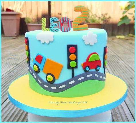 Cars and Trucks - Cake by Heavenly Treats by Lulu Cake With Cars, Car Cakes For Boys, Christening Cake Boy, Baby Boy Birthday Cake, Cars Birthday Cake, Transportation Birthday, Truck Cakes, 2 Birthday Cake, 1st Birthday Cakes