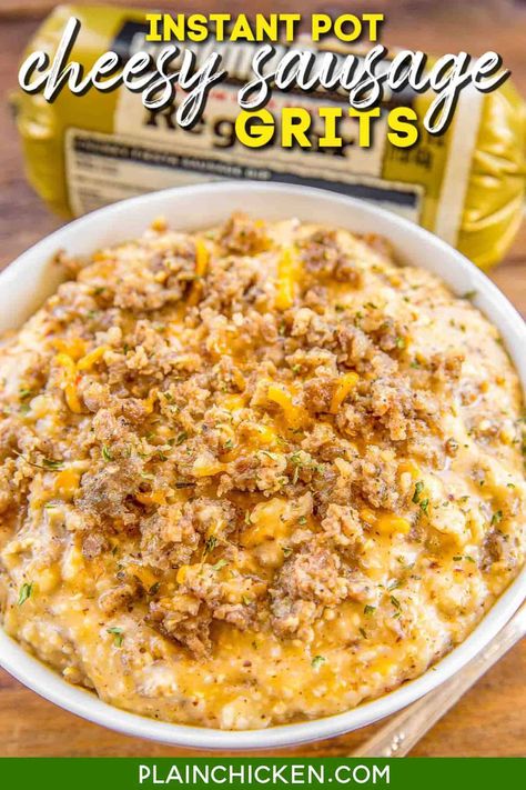 Instant Pot Cheesy Sausage Grits - seriously THE BEST grits ever! Even grits haters will LOVE these easy grits. Super quick & easy to make in the electric pressure cooker. Sausage, chicken broth, milk, Ranch seasoning, garlic powder, cheddar cheese. Great for a quick weekday breakfast, lunch, dinner, or weekend brunch. Just add biscuits, eggs, and fruit! #glutenfree #instantpot #sausage #breakfast #grits Crockpot Grits And Sausage, Instapot Breakfast Recipes, Stone Ground Grits Instant Pot, Rice Cooker Grits, Crock Pot Grits, Grits In Rice Cooker, Instant Pot Cheesy Grits, Easy Grits, Instapot Breakfast