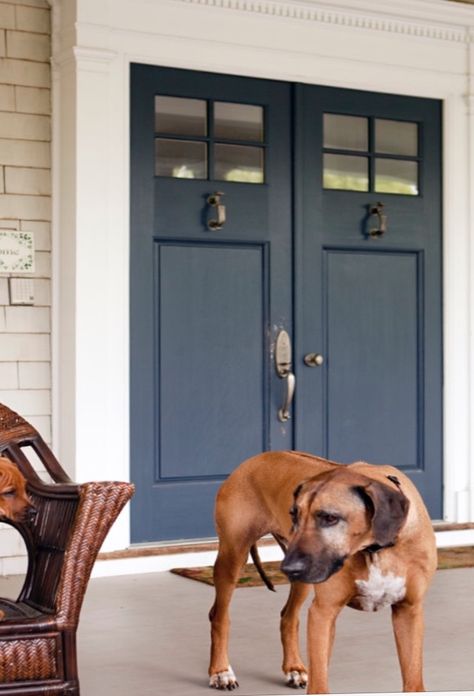 Newburyport Port Blue, Benjamin Moore Blue Front Door, Midnight Navy Benjamin Moore, Navy Blue Front Door Brick House, Newburyport Blue Benjamin Moore Exterior, Midnight Blue Front Door, Navy Door Exterior, Navy Blue Garage Door, Dark Blue Door Exterior