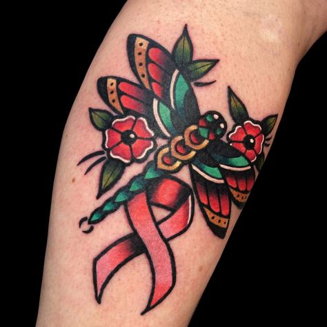 Awareness Tattoo, Ribbon Tattoos, Traditional Tattoo Art, Dragonfly Tattoo, Cover Up Tattoo, American Traditional Tattoo, American Traditional, Old School Tattoo, Tattoo Tattoo