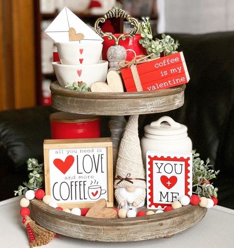 Valentine Decor Ideas, Diy Wood Decor, Valentine Tiered Tray, Rustic Valentine Decor, Valentine Wood Crafts, Valentines Table, Happy Sunday Friends, Rustic Valentine, Valentines Day Decor