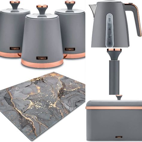 Grey And Rose Gold Kitchen, Rose Gold Kitchen Accessories, Grey Kitchen Accessories, Rose Kitchen, Grey And Rose, Rose Gold Kitchen, Gray And White Kitchen, Chocolate Roses, Kitchen Details