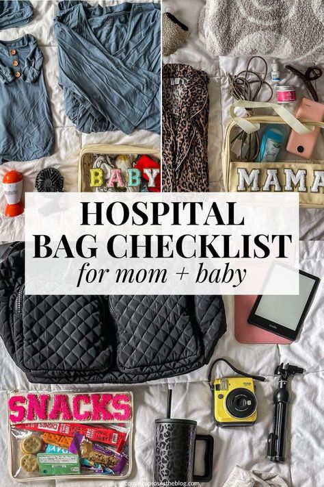 Let's pack my hospital bag! Here's an easy mom + baby hospital bag checklist from a second time mom, with the essentials and a few things to not forget... / hospital bag / labor essentials / what to pack / hospital bag for mom / hospital bag for baby / hospital labor bag checklist Hospital Bag For Twins C Section, Hospital Toiletries Bag, Second Time Mom Hospital Bag, Labor Snacks Hospital Bag, Baby’s Hospital Bag, Birth Hospital Bag Packing Lists, Snacks For Hospital Bag Labor, What To Pack In Hospital Bag, Labor Essentials