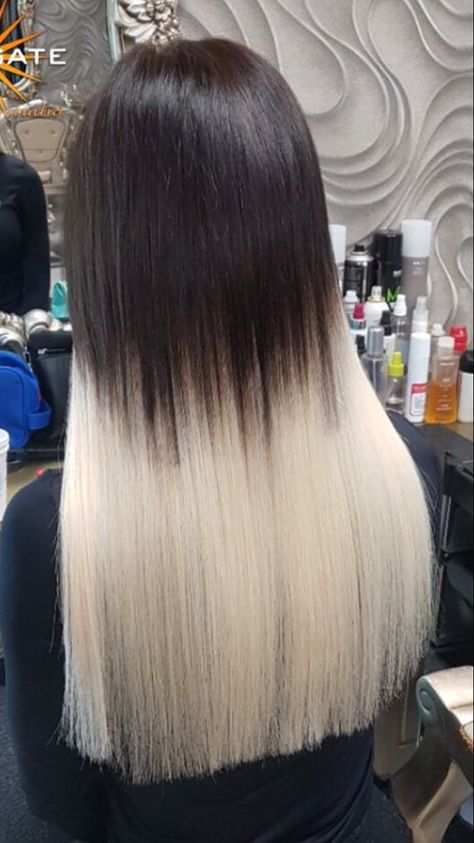 Blond brown ombre Black And Platinum Blonde Hair, White Ombre Hair, Platinum Blonde Ombre, Straight Black Hair, White Ombre, Super Long Hair, Platinum Blonde Hair, Brown Ombre, Blonde Ombre