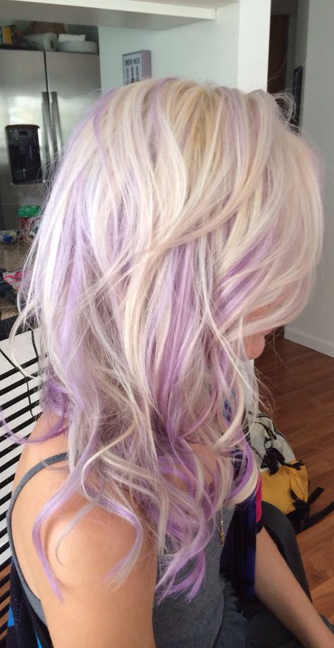 Light Blonde With Purple Highlights, Blonde And Purple Hair Aesthetic, Light Hair Color Ideas Pastel, Pink And Purple Blonde Hair, Pink And Purple Streaks In Blonde Hair, Blond And Colored Hair, Blonde Hair With Colored Streaks, Blonde And Coloured Hair, Cool Hair Dye Ideas For Blondes