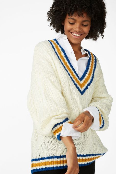 Monki knitted contrast sweater in white - A white contrast sweater featuring blue and must-have mustard coloured stripes, a deep V-neck and a stretchy feel. This style is online exclusive. In a size S the chest width is 128 cm and the length is 71 cm. The model is 175 cm and is wearing a size S. Cricket Sweater, Ralph Lauren Pullover, Alpaca Sweater, Americana Fashion, Polo Sport, Agent Provocateur, Ralph Lauren Womens, Jumper Sweater, Vneck Sweater