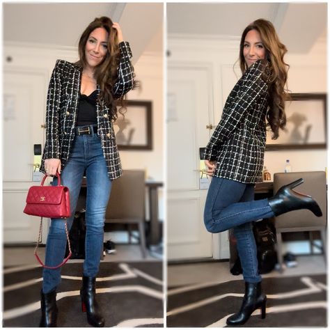 How To Wear A Tweed Blazer, White Plaid Blazer Outfit, Black Plaid Blazer Outfit, Black Tweed Blazer Outfit, Black Tweed Jacket Outfit, Tweed Blazer Outfit Women, Tweed Blazer Outfit, City Clothes, Plaid Blazer Outfit