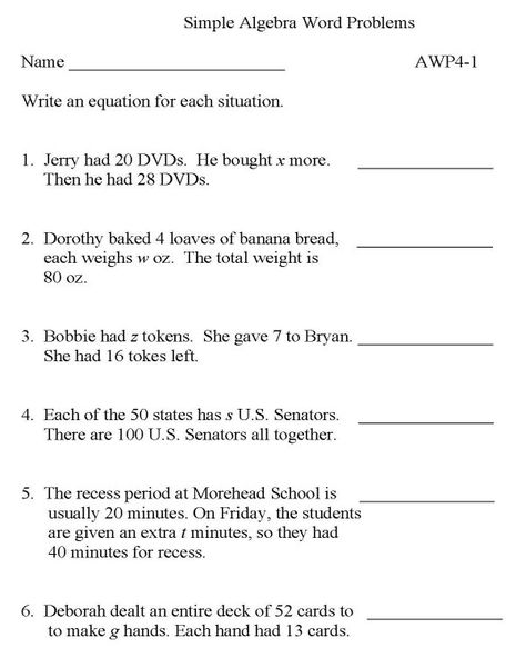 Math Word Problems to Print | ... Math Sheets > Algebra practice sheets > Algebra - Word Problems - P1 Algebra Word Problems, Basic Algebra Worksheets, Translating Algebraic Expressions, Writing Algebraic Expressions, Inequality Word Problems, Grade 5 Math Worksheets, Basic Algebra, Solving Linear Equations, Addition Words