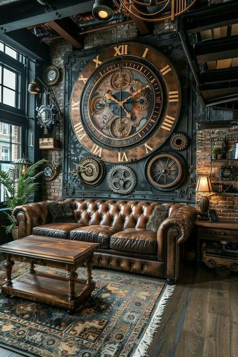 Steampunk Study Room, Unique Houses Ideas, Details In Interior Design, Creative Space Aesthetic, Whimsy Interior Design, Vintage Library Decor Ideas, Magic Hotel Aesthetic, Vintage Home Decor Aesthetic, Vintage Clock Aesthetic