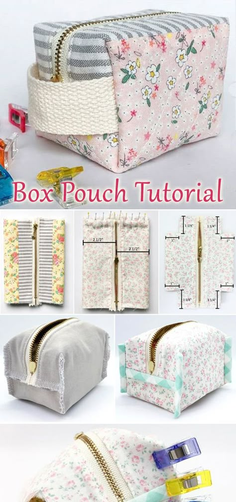 DIY Zippered Box Pouch Tutorial  --  A fun little pouch to store sewing notions and other small accessories Diy Pouches Tutorial, Zipper Box Pouch Tutorial, Diy Box Pouch Tutorial, Sewing Box Pouch, Box Pouch Sewing Pattern, Diy Pouch Bag Tutorial, Small Pouch Sewing Pattern, Small Things To Sew, Box Pouch Pattern