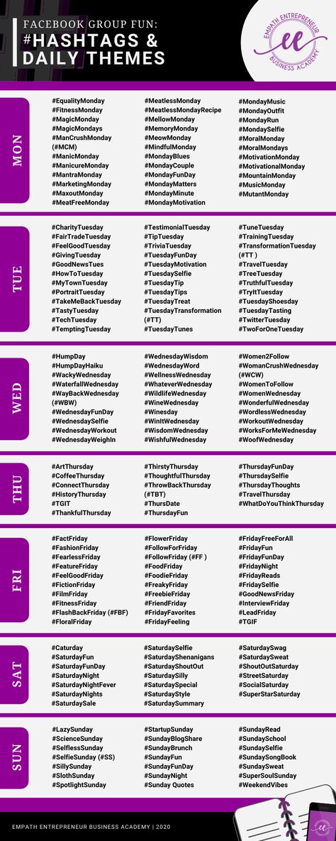 Endless Inspiration: #Hashtags and Daily Themes [Infographic] Friday Themes For Social Media, Daily Hashtags Social Media, Daily Themes Social Media, Daily Social Media Post Ideas, Saturday Hashtags, Tuesday Hashtags, Social Media Hashtags, Amway Business, Hashtag Ideas