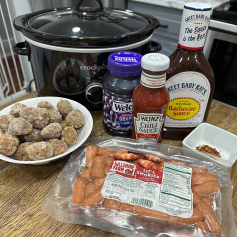 Crockpot Meatballs and Little Smokies - Cooking in the Midwest Bbq Lil Smokies Crock Pot, Bbq Smokies Crockpot, Lil Smokies Crock Pot, Cocktail Meatballs Crockpot, Crockpot Bbq Meatballs, Cooking In The Midwest, Sweet Meatballs, Little Smokies Recipes, Smokies Recipe