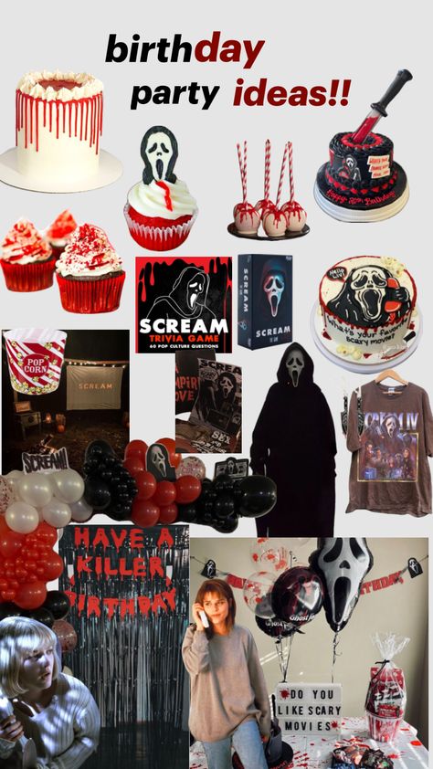 summerween ghost face birthday party!! #19 Birthday Party Horror Theme, Slasher Theme Birthday Party, Scream Themed Sleepover, Scary 30th Birthday Party, Horror Themes Birthday Party, Spooky 16 Birthday, Ghost Face Party Decorations, Ghostface Wedding, Ghost Face Themed Party