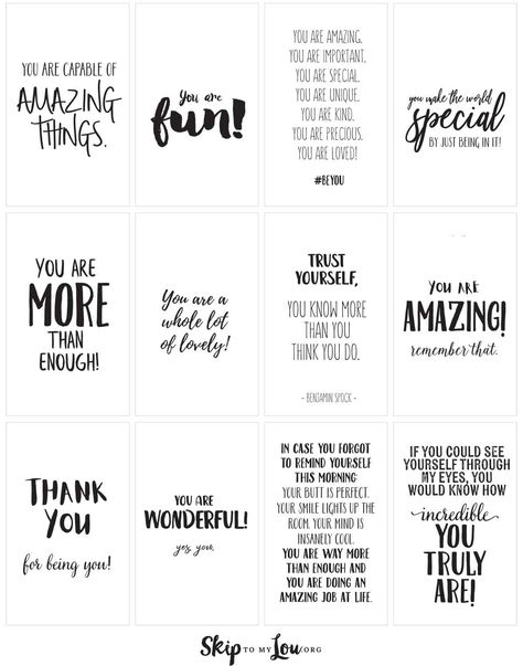 Positive affirmations {PRINT and share with friends} | Skip To My Lou Affirmation Jars Ideas, Positivity Jar Ideas Free Printable, Diy Positive Affirmation Jar, Printable Positive Quotes, Diy Affirmation Jar, Affirmations Jar Ideas, Words Of Affirmation Printables, Jar Of Affirmations, Positive Notes For Strangers