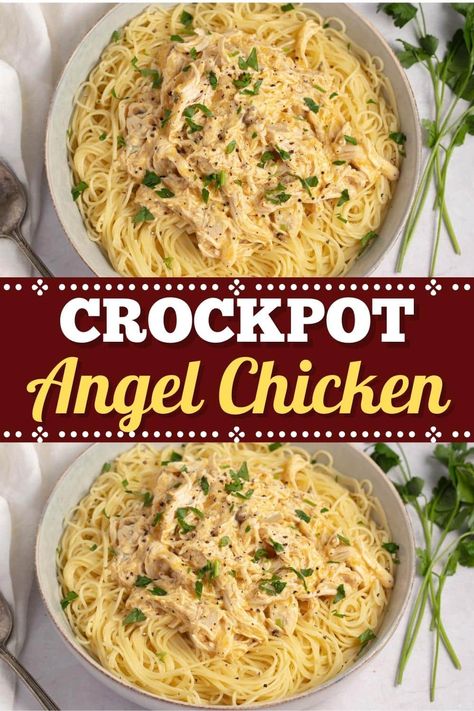 Dinner is easy with this Crockpot angel chicken! With just 7 ingredients, it's a heavenly meal everyone will love. Chicken Angel Hair Pasta, Crockpot Chicken Alfredo, Angel Chicken, Hacks For Home, Chicken Crockpot Recipes Easy, Easy Dinner Recipes Crockpot, Chicken Crockpot, Chicken Entrees, Chicken Dinners