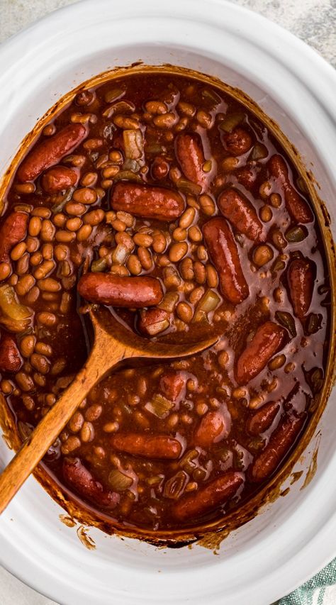 Crockpot Bbq Lil Smokies, Crock Pot Smokies Recipe, Baked Beans And Sausage Recipe, Crockpot Beans And Weenies, Lil Smokies Dinner Ideas, Crockpot Baked Beans With Sausage, Beans And Weenies Recipes Crock Pot, Beef Lil Smokies Recipes, Beanie Weenies Recipes Crock Pot