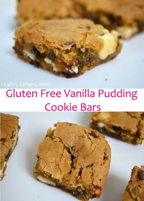 Vanilla Pudding Cookie Bars (Video) - Gluten Free Week - Lights, Camera, BAKE! | Addictive Baking, Desserts & Sweet Treat Recipes Pudding Cookie Bars, Vanilla Pudding Cookies, Pudding Bars, Gluten Free Cookie Bars, Pudding Bar, Gooey Cookies, Pudding Cookies, Bake Recipes, Cookie Bar