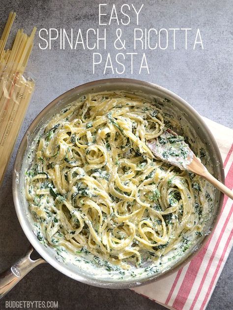 This quick and luxurious Spinach Ricotta Pasta boasts a creamy and garlicky spinach sauce made easy with ricotta cheese. Step by step photos. Ricotta Pasta Recipes, Spinach Ricotta Pasta, Budget Bytes, Spinach Ricotta, Ricotta Pasta, Pasta Pasta, Idee Pasto Sano, Meatless Meals, Pasta Recipe