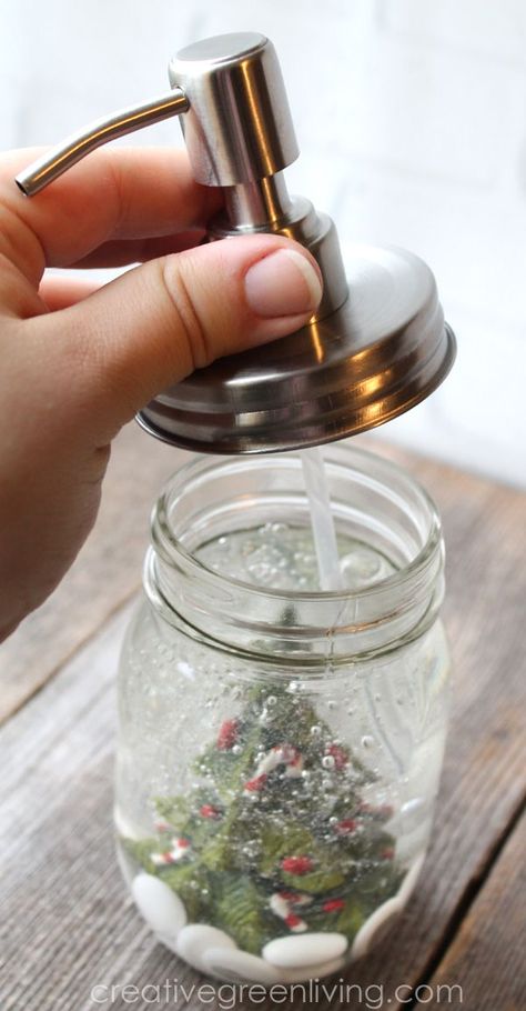 Diy Christmas Soap Dispenser, Christmas Soap Dispenser, Repurposed Jars, Diy Soap Dispenser, Make A Snow Globe, Mason Jars Ideas, Soap Dispenser Diy, Soap Christmas, Jars Ideas