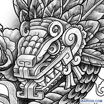 Quetzalcoatl_serpent_aztec_god_tattoo_design_warvox_d026b Aztec Dragon Tattoo Designs, Aztec Serpent Tattoo Design, Feathered Serpent Tattoo, Aztec God Tattoo, Quetzalcoatl Drawing, Aztec Serpent Tattoo, Aztec Snake Tattoo, Aztec Gods Tattoo, Aztec Dragon Tattoo