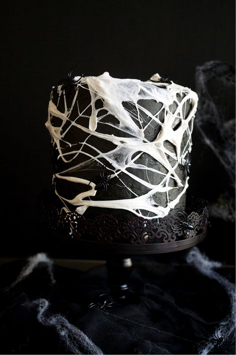 vegan marshmallow spiderweb cake | The Baking Fairy Goth Cake, Spiderweb Cake, Spider Web Cake, Wednesday Dance, Chocolate Extract, Postres Halloween, Black Food Coloring, Fun Halloween Treats, Vegan Marshmallows