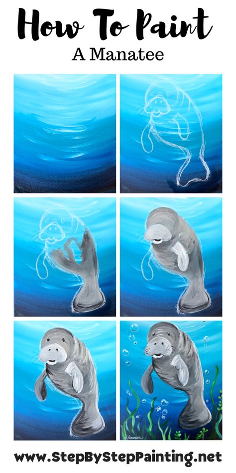 How To Paint A Manatee - Acrylic Painting Tutorial Manatee Painting Easy, How To Paint A Beach, Easy Beginner Painting Step By Step, Rio Painting, Manatee Drawing, Manatee Painting, Manatee Art, Learn Acrylic Painting, Kids Canvas Art