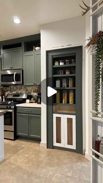 Astin Hancock | DIY | Home | Woodworking on Instagram: "What color did I choose for the Murphy door?? Watch to find out! 99% of yall chose Green like my cabinets, the other option I gave was Beige like my trim/doors." Kitchen Murphy Door, Murphy Door Kitchen, Murphy Pantry Door, Inset Wall Ideas, Hidden Door In Kitchen, Pantry Hidden Door, Murphy Door Pantry, Kitchen Doors Ideas, Built In Bar Nook