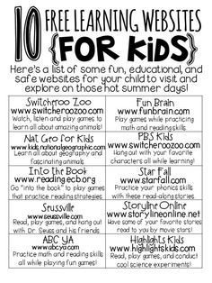 These are great ideas. Parents while the kids are studying do you want to make some extra cash for bills? Connect with me. Low start up costs. facebook.com/learntoearntoday2 Free Learning Websites, Websites For Kids, Learning Websites For Kids, Educational Websites For Kids, Kindergarten Readiness, Summer Learning, Learning Websites, Classroom Technology, Educational Websites