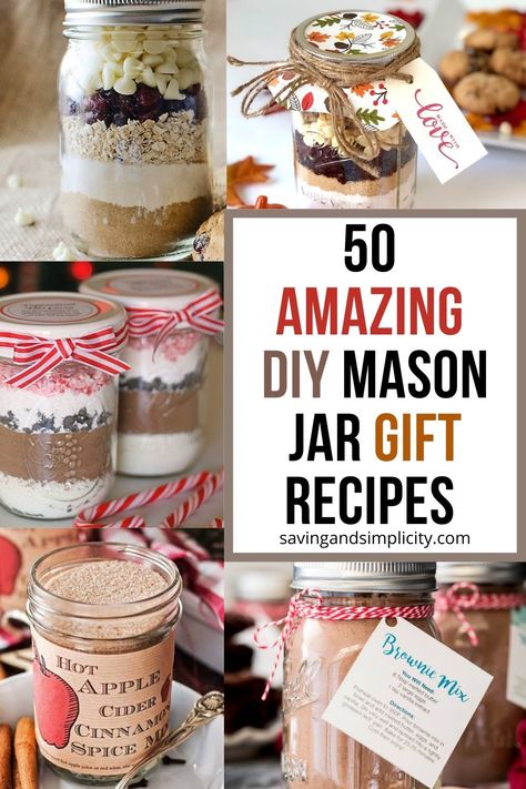 Discover 50 amazing mason jar recipes you can gift all year. DIY gifts in a gar. Cookie recipes in a mason jar, hot cocoa mix in a mason jar and so much more. Mason jar gifts including baking mixes in a jar, meals in a jar, soup mixes in a jar and other amazing mason jar crafts prefect for holiday gift giving. Christmas Crafts To Sell Make Money Mason Jars, Mason Jar Sweets, Pint Jar Crafts, Homemade Muffin Mix In A Jar, Spice Mix Gifts In A Jar, Dry Cake Mix Recipe In A Jar, Hot Cocoa Jars Gift, Pint Mason Jar Cookie Mix Recipe, Diy Pancake Mix Gift In A Jar