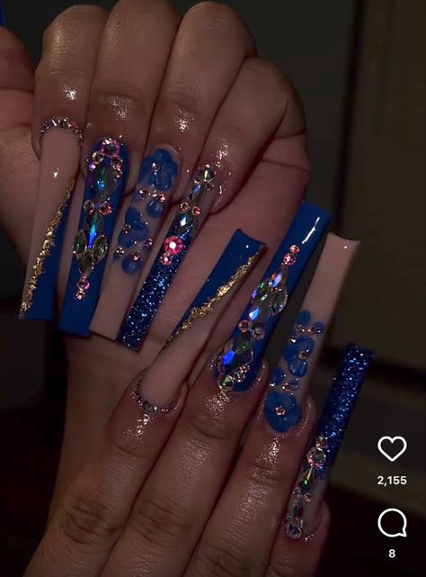 Xl Blue Acrylic Nails, Pink And Blue Nails Acrylic Long, Royal Blue Bling Acrylic Nails, Long Blue Acrylic Nails With Rhinestones, Navy Blue Nails Acrylic Coffin Long, Blue Money Nails, Royal Blue Sweet 16 Nails, Blue Nails Extra, Extra Prom Nails