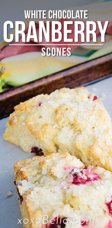 image of white chocolate cranberry scones. Cranberry And White Chocolate Scones, Berry White Chocolate Scones, White Chocolate Cranberry Scones, Cranberry Baked Goods, Scone Recipes Easy, Cranberry Scones Recipe Easy, Christmas Scones Recipe, Scones Recipe Easy 3 Ingredients, Fluffy Scones Recipe