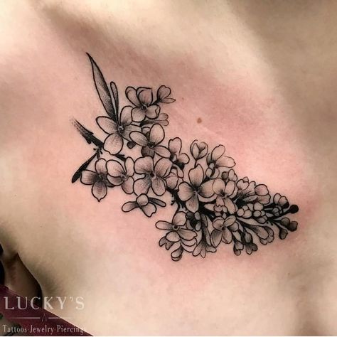 Simple Lilac Tattoo, Lilac Tattoo Black, Lilac Tattoo Black And White, Spring Tattoos, Tattoo Chart, Scroll Tattoos, Lilac Tattoo, Lucky Tattoo, Upper Arm Tattoos