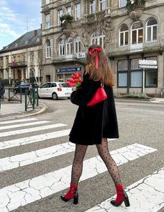 Red Dress Red Tights Outfit, Christmas Outfit With Tights, Christmas Tights Outfit, Pink Tights Outfit, Mary Jane Shoes Outfit, Creating Outfits, Pink Tights, Christmas Outfit Ideas, Winter Fashion Outfits Casual