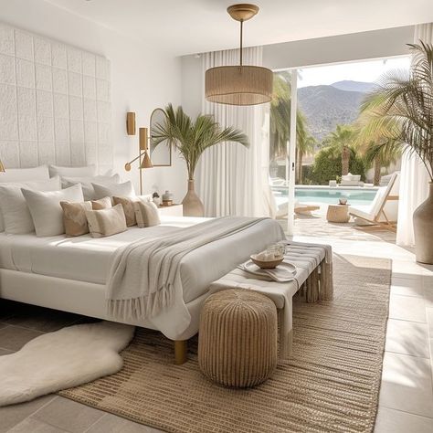 Ai for interior businesses (@interior_ai_mastering) • Instagram photos and videos Boho Hotel Bedroom, Villa Style Bedroom, Modern Florida Home Interiors, Bedroom Coastal Modern, Boho Hotel Room, Beach Villa Bedroom, California Modern Bedroom, Modern Beach House Bedroom, Living Room In Bedroom