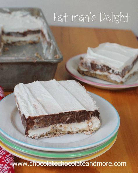 Fat Man's Delight-luscious layers of cheesecake filling, chocolate pudding and cool whip all on top of a pecan crust. Can easily be made low sugar/calorie. Chocolate Pudding And Cool Whip, Pudding And Cool Whip, Layered Dessert Recipes, Pecan Crust, Mudslide, Zebra Cake, Easter Stuff, Layered Desserts, Cheesecake Filling