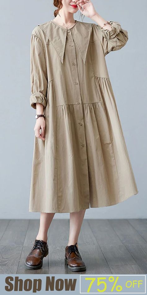 Plus Size Apricot Sailor Collar Button Wrinkled Long Dress Long sleeve Long Dress Korean Style, Long Linen Dresses, Long Dress Long Sleeve, Girls Designer Dresses, Loose Fit Dress, Velvet Dress Designs, Cotton Long Dress, Mode Abaya, Cotton Linen Dresses