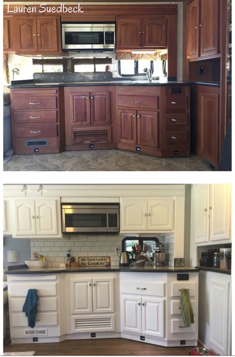 Class A kitchen remodel. Wonderful! Class A Rv Remodel, Rv Updates, Rv Remodeling, Motorhome Remodel, Retro Trailers, Camper Remodeling, Camper Trailer Remodel, Diy Camper Remodel, Mobile Living