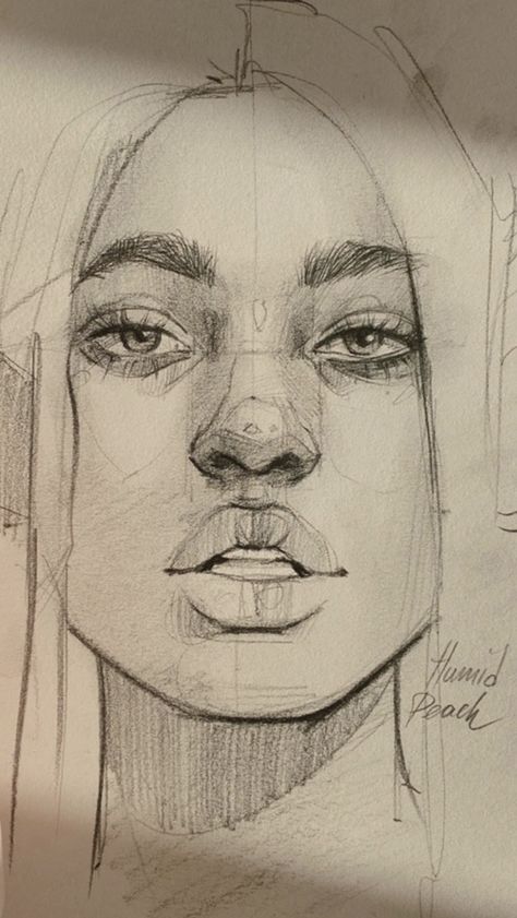 Face Sketch Reference Realistic, Human Faces Sketches, Drawing Ideas Human Face, Face Drawing Front View, Face Sketch Realistic, Human Sketches Face, Face Drawing Reference Sketches, Front Face Sketch, Womans Face Drawing