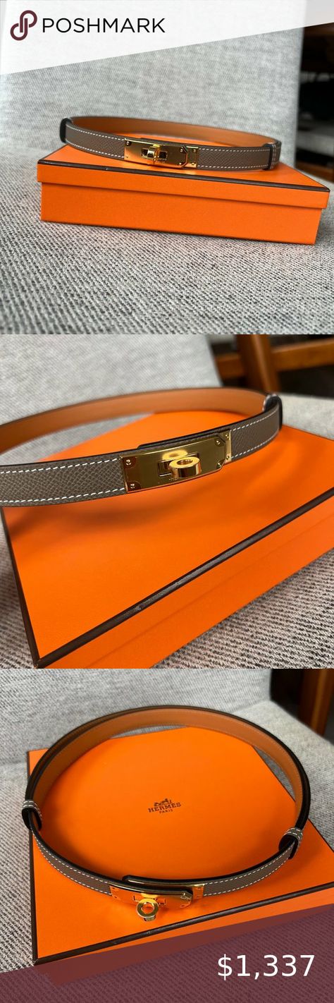 Hermes Kelly 18 Belt in Etoupe, Adjustable Belt - Brand New, Never Worn Hermes Accessories, Adjustable Belt, Leather Belt, Gold Hardware, Calf Skin, Buckle, Packaging, Brand New, Leather